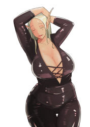 Rule 34 | 1girl, blush, bodysuit, breasts, cleavage, elf, hands over head, large breasts, latex, lipstick, long ears, long hair, makeup, pointy ears, supi (inner map), thick thighs, thigh gap, thighs, white hair