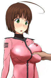 Rule 34 | 10s, 1girl, ahoge, bad id, bad pixiv id, blush, bob cut, bodysuit, breasts, brown hair, grabbing, grabbing another&#039;s breast, green eyes, harada makoto, huge ahoge, naninuneno, open mouth, shiny clothes, short hair, simple background, skin tight, solo focus, uchuu senkan yamato, uchuu senkan yamato 2199, uniform, white background