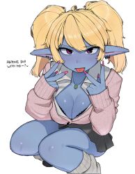 Rule 34 | 1girl, blonde hair, blue skin, bra, bra peek, breasts, cleavage, colored skin, double inward v, earrings, fashion, gyaru, gyaru v, jewelry, kogal, large breasts, league of legends, long hair, looking at viewer, ohasi, open mouth, piercing, pointy ears, poppy (league of legends), school uniform, shirt, simple background, skirt, solo, tongue piercing, twintails, underwear, v, white background, yordle