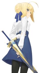 Rule 34 | 1girl, ahoge, arms behind back, artoria pendragon (all), artoria pendragon (fate), avalon (fate/stay night), holding behind back, black pantyhose, blonde hair, blue ribbon, blue skirt, breasts, commentary request, cowboy shot, excalibur (fate/stay night), fate/stay night, fate (series), from behind, green eyes, hair bun, hair ribbon, hand on own arm, hayashi kewi, high-waist skirt, holding, holding own arm, holding sword, holding weapon, looking at viewer, looking back, pantyhose, ribbon, saber (fate), sheath, sheathed, short hair, single hair bun, skirt, small breasts, solo, standing, sword, weapon