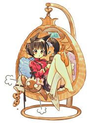 Rule 34 | 1girl, animal ears, bag, barefoot, black hair, black shorts, cake, cat ears, cat tail, final fantasy, final fantasy xiv, food, hanging chair, holding, jacket, knees up, map, musical note, pillow, red jacket, short hair, shorts, simple background, sitting, solo, sumachii, tail, toes, white background