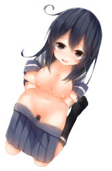 Rule 34 | 10s, 1girl, black hair, breasts, brown eyes, cleft of venus, clothes pull, from above, highres, kantai collection, large breasts, long hair, looking at viewer, mizushina minato, nipples, pussy, simple background, skirt, skirt pull, smile, socks, solo, uncensored, ushio (kancolle), white background