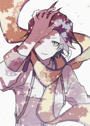Rule 34 | 1boy, a d chi, arm up, black hair, blue eyes, closed mouth, commentary request, dappled sunlight, falling petals, floating scarf, from above, highres, looking at viewer, looking up, male focus, mochizuki ryouji, one eye closed, open hand, outdoors, persona, persona 3, petals, scarf, shirt, short hair, signature, simple background, smile, solo, sunlight, suspenders, upper body, white shirt, yellow scarf