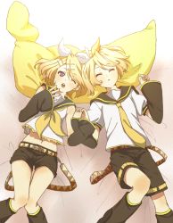 Rule 34 | 1boy, 1girl, blonde hair, brother and sister, closed eyes, hair ornament, hairclip, hetero, holding hands, kagamine len, kagamine rin, kanro, lying, midriff, navel, necktie, one eye closed, shorts, siblings, twins, vocaloid, wink, yellow necktie