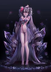Rule 34 | 1girl, arms up, barefoot, black background, black hair, black sleeves, breasts, bug, butterfly, crystal, detached sleeves, drill hair, flower, full body, gem, hair flower, hair ornament, highres, horns, insect, long hair, looking at viewer, original, red eyes, red flower, red rope, red rose, rope, rose, shibari, simple background, skin-covered horns, small breasts, solo, tiptoes, tongue, tongue out, very long hair, whois
