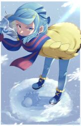 Rule 34 | 1boy, bent over, blue footwear, blue hair, blue scarf, boots, border, commentary request, creatures (company), eyelashes, floating hair, floating scarf, game freak, gen 8 pokemon, green eyes, grusha (pokemon), highres, jacket, long hair, looking to the side, male focus, mocacoffee 1001, nintendo, pants, pokemon, pokemon (creature), pokemon sv, scarf, scarf over mouth, signature, snom, snowing, standing, white border, yellow jacket