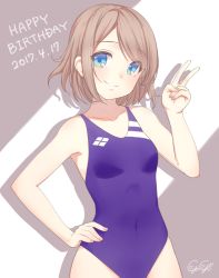 Rule 34 | 1girl, alternate breast size, blue eyes, blue one-piece swimsuit, breasts, brown hair, collarbone, commentary request, competition swimsuit, cowboy shot, dated, gogi, grey background, hand on own hip, happy birthday, highres, looking at viewer, love live!, love live! sunshine!!, one-piece swimsuit, purple one-piece swimsuit, short hair, signature, small breasts, smile, solo, swimsuit, v, watanabe you