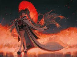 Rule 34 | 1girl, ankle socks, closed mouth, floating hair, full body, hatsune miku, holding, holding umbrella, japanese clothes, kimono, long hair, long sleeves, looking at viewer, official art, oil-paper umbrella, okobo, pleated skirt, red theme, red umbrella, rella, sandals, second-party source, short kimono, skirt, smile, socks, solo, standing, twintails, umbrella, very long hair, vocaloid, white socks, wide sleeves