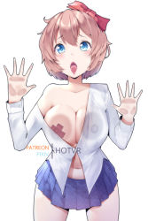 Rule 34 | 1girl, against glass, alternate breast size, blue skirt, bow, breast press, breasts, breasts on glass, brown hair, commentary, covered erect nipples, cowboy shot, cross pasties, doki doki literature club, english commentary, hair bow, hands up, hot vr, long sleeves, looking at viewer, medium breasts, navel, no bra, off shoulder, open mouth, pasties, pixiv username, pleated skirt, red bow, sayori (doki doki literature club), school uniform, short hair, skirt, solo, standing, tape, tape on nipples, tongue, tongue out