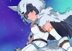 Rule 34 | &gt;:), 1girl, absurdres, artist name, black hair, blue hair, blunt bangs, blunt ends, breasts, closed mouth, commentary, cowboy shot, detached sleeves, from side, fur-trimmed gloves, fur trim, gloves, hair between eyes, hair ornament, highres, light smile, long sleeves, looking at viewer, looking to the side, medium breasts, multicolored hair, night, night sky, official alternate costume, outdoors, pelt, pleated skirt, purple eyes, sakana (rin01120), shirt, shoujo kageki revue starlight, shoujo kageki revue starlight -re live-, sideways glance, signature, single detached sleeve, skirt, sky, sleeveless, sleeveless shirt, solo, standing, star (sky), streaked hair, tail, tomoe tamao, two-tone hair, v-shaped eyebrows, white gloves, white shirt, white skirt, wolf tail, x hair ornament