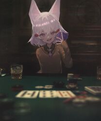 Rule 34 | 1girl, absurdres, animal ears, brown shirt, card, fox ears, fox girl, hair ornament, hairpin, highres, holding, holding card, looking at viewer, medium hair, necktie, open mouth, phase connect, playing card, poker, poker chip, poker table, purple eyes, purple necktie, shirt, short eyebrows, smile, table, taku artworks, teeth, tenma maemi, tenma maemi (1st costume), upper teeth only, virtual youtuber, white hair