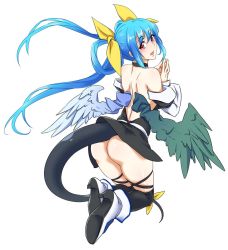 Rule 34 | 1girl, ass, asymmetrical wings, back, bare shoulders, blue hair, blush, dizzy (guilty gear), guilty gear, guilty gear x, guilty gear xx, hair ribbon, long hair, looking back, open mouth, own hands clasped, own hands together, red eyes, ribbon, simple background, skindentation, solo, tail, tail ornament, tail ribbon, thighhighs, twintails, un (le monde-alternatif), wings