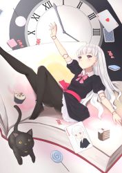 Rule 34 | 10s, 1girl, ace (playing card), ace of hearts, alternate costume, alternate hairstyle, animal, bad id, bad pixiv id, black cat, black dress, black pantyhose, cake, cake slice, candy, candy wrapper, card, cat, chocolate cake, clock, collared dress, commentary request, cupcake, doll joints, dress, fate/extra, fate (series), food, heart, highres, jilu, joints, joker (playing card), lollipop, long hair, no shoes, nursery rhyme (fate), outstretched arm, pantyhose, pink eyes, playing card, puffy short sleeves, puffy sleeves, roman numeral, short sleeves, silver hair, solo, swirl lollipop, very long hair