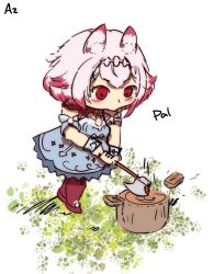 Rule 34 | 1girl, animal ear fluff, animal ears, armband, axe, blue dress, blush, character name, chibi, commentary request, dress, hair flaps, headband, holding, holding weapon, juansimba97, looking away, medium hair, multicolored hair, pink hair, pom pom (clothes), rabbit ears, red eyes, red footwear, red legwear, sidelocks, signature, sleeveless, sleeveless dress, solo, spanish commentary, sumeragi pal, tree stump, v-shaped eyebrows, virtual youtuber, wactor production, weapon, white hair, wrist cuffs