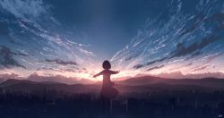 Rule 34 | 1girl, backlighting, building, chinese commentary, city, city below, cloud, cloudy sky, commentary request, dark clouds, dress, evening, facing away, fog, from behind, gradient sky, hill, horizon, landscape, long sleeves, medium hair, mountain, mountainous horizon, original, outdoors, outstretched arms, scenery, signature, silhouette, sky, skyrick9413, skyscraper, solo, star (sky), starry sky, sun, sunlight, twilight, wide shot, wind