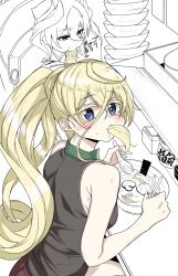 Rule 34 | alternate costume, alternate hairstyle, blonde hair, blue eyes, chopsticks, eating, highres, long hair, looking at viewer, lyza (made in abyss), made in abyss, ozen, ponytail