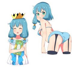 Rule 34 | 1girl, ass, black thighhighs, blue bra, blue hair, blue panties, blush, bra, breasts, card, closed eyes, crown, dress, endro!, garter straps, green eyes, highres, hk (skxt8348), leaning forward, looking back, medium breasts, meiza endust, monochrome background, multiple views, open mouth, panties, playing card, short hair, simple background, smile, thighhighs, underwear, white background