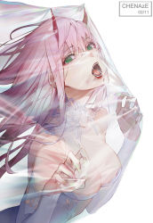 Rule 34 | 1girl, bare shoulders, blood, blood on face, breasts, chenaze57, cleavage, collarbone, darling in the franxx, detached collar, detached sleeves, dress, fangs, green eyes, highres, horns, long hair, long sleeves, medium breasts, open mouth, pink hair, simple background, solo, strapless, upper body, wedding dress, white background, zero two (darling in the franxx)