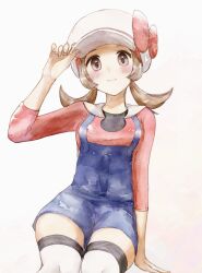 Rule 34 | 1girl, arm support, asuka rkgk, blue overalls, blush, bow, brown eyes, brown hair, cabbie hat, closed mouth, creatures (company), game freak, hand on headwear, hand up, hat, hat bow, highres, long hair, looking at viewer, lyra (pokemon), nintendo, overalls, pokemon, pokemon hgss, red bow, red shirt, shirt, simple background, sitting, smile, solo, thighhighs, twintails, white background, white hat
