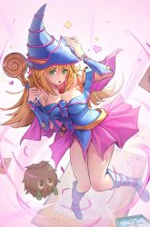 Rule 34 | 1girl, 1other, :o, absurdres, blonde hair, blush, breasts, card, cleavage, dark magician girl, duel monster, hand up, hat, heart, highres, holding, holding wand, jewelry, kuriboh, large breasts, long hair, mamayu, monster reborn, necklace, open mouth, wand, wizard hat, yu-gi-oh!