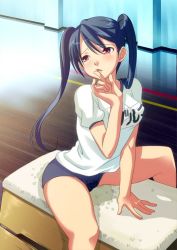 Rule 34 | 1girl, blue buruma, blue hair, blush, breasts, buruma, feet out of frame, female focus, finger to mouth, gym, gym floor, gym uniform, kiss dum, lips, long hair, name tag, nose, open mouth, peeing, peeing self, public indecency, puddle, purposeful wetting, red eyes, rei (kiss dum), shadow, shirt, short sleeves, sitting, small breasts, tonbo, tongue, touching lips, twintails, vaulting horse, wet, wet buruma, wet clothes, white shirt, wooden floor