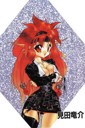 Rule 34 | 1990s (style), 1girl, breasts, cleavage, cross, dragon half, dress, horns, jewelry, long hair, long sleeves, mink (dragon half), mita ryuusuke, necklace, red eyes, red hair, retro artstyle, solo, sunglasses