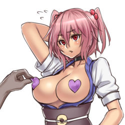 Rule 34 | 1girl, arm up, blush, breasts, breasts out, choker, cleavage, coin, female focus, heart, heart pasties, houtengeki, large breasts, no bra, onozuka komachi, open clothes, open shirt, pasties, pink hair, red eyes, shirt, short hair, short twintails, simple background, solo, touhou, twintails, two side up, upper body