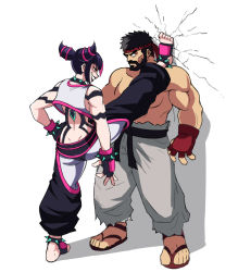 Rule 34 | 1boy, 1girl, against wall, baggy pants, beard, black hair, bracelet, capcom, cone hair bun, crack, cracked wall, dimples of venus, facial hair, fingerless gloves, foot kabedon, gloves, grin, hair bun, han juri, hands on own hips, headband, highres, jewelry, kabedon, muscular, muscular male, pants, pink hair, ryu (street fighter), sandals, smile, spiked anklet, spiked bracelet, spikes, street fighter, street fighter 6, sweatdrop, tina fate, toes, topless male