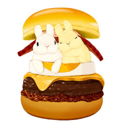 Rule 34 | animal focus, bacon, burger, cheek-to-cheek, cheese, closed mouth, commentary, food, food focus, full body, heads together, lilac (p-f easy), looking at viewer, meat, no humans, original, rabbit, simple background, solid oval eyes, tomato, tomato slice, tsukimi burger, white background, white fur