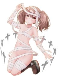 Rule 34 | 1girl, bandages, bandages, boots, brown eyes, brown footwear, brown hair, commentary request, flat chest, full body, kantai collection, kirigakure (kirigakure tantei jimusho), mummy, naked bandage, nude, platform footwear, ryuujou (kancolle), shikigami, simple background, solo, twintails, white background