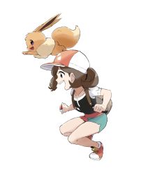Rule 34 | 1girl, :d, ayo (ayosanri009), backpack, bag, baseball cap, brown eyes, brown hair, commentary request, creatures (company), eevee, elaine (pokemon), from side, game freak, gen 1 pokemon, green shorts, hat, holding, holding poke ball, long hair, nintendo, open mouth, poke ball, poke ball (basic), pokemon, pokemon (creature), pokemon lgpe, shirt, shoes, short sleeves, shorts, simple background, smile, squatting, teeth, upper teeth only, white background