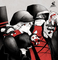 Rule 34 | &gt; &lt;, 2boys, ?, arknights, cabbie hat, closed eyes, grey background, hair between eyes, hand on another&#039;s shoulder, hand up, hat, hateful avenger (arknights), highres, holding, hood, hood up, hooded jacket, jacket, limited palette, male focus, monochrome, mouth hold, multiple boys, oonohara kenya, open clothes, open jacket, red (npc) (arknights), red eyes, red shirt, shirt, signature, simple background, tears, upper body