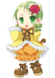 Rule 34 | 1girl, :d, ankle bow, ankle ribbon, blush, bow, brown bow, brown footwear, brown ribbon, chibi, coat, commentary request, drill hair, flower, frilled sleeves, frills, green eyes, green hair, hair ornament, heart, heart hair ornament, holding, holding umbrella, juliet sleeves, kanaria, lolita fashion, long sleeves, looking at viewer, medium hair, morinaga hinase, neck ribbon, open mouth, orange romper, pantyhose, puffy sleeves, red flower, red rose, ribbon, rose, rozen maiden, short bangs, simple background, sleeve bow, smile, solo, swept bangs, twin drills, umbrella, white background, white pantyhose, yellow bow, yellow coat