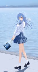 Rule 34 | 1girl, absurdres, alternate costume, bag, bare legs, blue bow, blue bowtie, blue eyes, blue hair, blue skirt, bow, bowtie, closed mouth, commentary, english commentary, feint721, floating hair, full body, hair ribbon, highres, holding, holding bag, hololive, hoshimachi suisei, long hair, long sleeves, looking at viewer, ocean, outdoors, plaid, plaid skirt, ribbon, school bag, school uniform, serafuku, shadow, shirt, shoes, skirt, sky, smile, socks, solo, star (symbol), star in eye, symbol in eye, thighs, virtual youtuber, water, white shirt