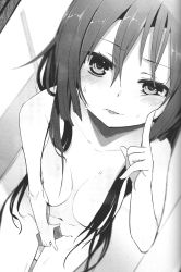 Rule 34 | 1girl, artist request, greyscale, hair censor, hair over breasts, highres, long hair, mirror, monochrome, navel, nude, phone, shower (place), solo, wet