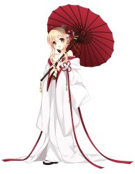 Rule 34 | 1girl, bare shoulders, blush, comb, flower, full body, hair between eyes, hair flower, hair ornament, hair stick, highres, holding, holding umbrella, japanese clothes, kimono, loading (verjuice), long hair, long sleeves, looking at viewer, obi, off shoulder, oil-paper umbrella, open mouth, original, red flower, red ribbon, red umbrella, ribbon, sandals, sash, smile, solo, standing, tabi, transparent background, umbrella, white kimono, white legwear, wide sleeves