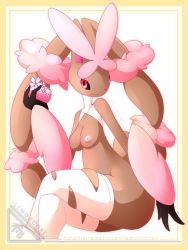 Rule 34 | 1girl, alternate color, artist name, black sclera, border, breasts, colored sclera, creatures (company), crossed legs, female focus, flower, furry, furry female, game freak, gen 4 pokemon, hand up, holding, inverted nipples, lemoncore, looking at viewer, lopunny, medium breasts, mega lopunny, mega pokemon, nintendo, nipples, nude, pink eyes, pink flower, pokemon, pokemon (creature), pokemon dppt, shiny pokemon, signature, simple background, sitting, skindentation, smile, solo, text focus, thighhighs, torn clothes, torn thighhighs, watermark, web address, white background, white thighhighs, yellow border