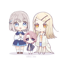 Rule 34 | 3girls, arimura mao, black jacket, blonde hair, blue bow, blue bowtie, blue eyes, blue sailor collar, blue shorts, blue skirt, blush, bow, bowtie, brown footwear, brown hair, brown vest, chibi, closed mouth, coat, commentary request, expressionless, eyelashes, full body, gakuen idolmaster, grey hair, hair between eyes, hair ornament, hairclip, hand in pocket, height difference, idolmaster, jacket, jitome, katsuragi lilja, long hair, long sleeves, looking at another, looking at viewer, mopiwo, multiple girls, open mouth, own hands together, pants, sailor collar, serious, shinosawa hiro, short hair, shorts, sidelocks, skirt, smile, socks, standing, v-shaped eyebrows, vest, white background, white coat, white footwear, white jacket, white pants, white socks, yellow eyes