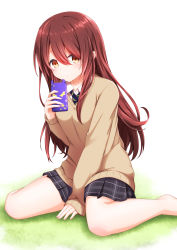 Rule 34 | 1girl, absurdres, aoi thomas, barefoot, between legs, black necktie, black skirt, blush, brown eyes, brown hair, brown sweater, cellphone, collared shirt, commentary request, diagonal stripes, fingernails, grass, hair between eyes, hand between legs, highres, holding, holding phone, idolmaster, idolmaster shiny colors, long hair, long sleeves, looking at viewer, necktie, on grass, osaki tenka, parted lips, phone, plaid, plaid skirt, pleated skirt, shirt, skirt, sleeves past wrists, solo, striped necktie, striped neckwear, sweater, very long hair, white background, white shirt