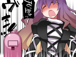 Rule 34 | 1girl, breasts, brown hair, commentary request, emphasis lines, gradient hair, hammer (sunset beach), hijiri byakuren, large breasts, long hair, multicolored hair, one eye closed, open mouth, purple hair, remote control vibrator, sex toy, solo, touhou, translation request, upper body, vibrator, yellow eyes