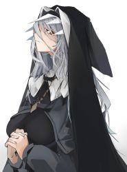 Rule 34 | 1girl, arknights, black dress, commentary request, dress, from side, grey hair, habit, hair between eyes, highres, jewelry, long hair, long sleeves, looking at viewer, mikozin, necklace, nun, off-shoulder dress, off shoulder, own hands clasped, own hands together, parted lips, red eyes, ribbed sweater, sideways glance, simple background, solo, specter (arknights), sweater, upper body, white background, white sweater