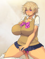 Rule 34 | 1girl, blonde hair, blush, bow, bowtie, breasts, censored, cleavage, erection, from below, girl on top, grabbing own breast, groin, hand on own chest, hand up, highres, huge breasts, imminent penetration, legs, light blush, looking down, lying, mosaic censoring, nail polish, nose blush, original, panties, pantyshot, parted lips, penis, pink bow, pink nails, purple eyes, school uniform, short hair, simple background, skirt, solo focus, thighs, underwear, vest, yoko juusuke