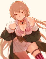 Rule 34 | 1girl, absurdres, bra, bra visible through clothes, breasts, brown hair, ceda (dace), choker, closed mouth, collared shirt, commentary request, fur-trimmed jacket, fur trim, girls&#039; frontline, green jacket, hand on own hip, highres, jacket, long hair, looking at viewer, medium breasts, off shoulder, purple thighhighs, red bra, red choker, see-through, shirt, simple background, single thighhigh, solo, standing, star (symbol), striped clothes, striped thighhighs, sweat, thighhighs, underwear, vertical-striped clothes, vertical-striped thighhighs, very long hair, wet, wet clothes, white background, white shirt, yellow eyes