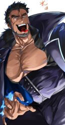 Rule 34 | 1boy, bad id, bad twitter id, bara, bare pectorals, beard, black corset, blue fire, claw pose, corset, dark-skinned male, dark skin, facial hair, facial scar, fire, forked eyebrows, halloween, halloween costume, itaru (kidomh63), large pectorals, male focus, mature male, muscular, muscular male, open clothes, open shirt, pectorals, sandayu (housamo), scar, scar on cheek, scar on face, short hair, slit pupils, solo, tokyo houkago summoners, tongue, tongue out, vampire costume