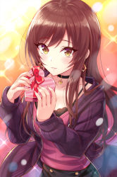 Rule 34 | 1girl, backlighting, black camisole, black choker, black skirt, blush, box, breasts, brown eyes, brown hair, camisole, choker, cleavage, collarbone, commentary request, earrings, gift, gift box, glint, hands up, heart, heart-shaped box, heart choker, highres, holding, holding gift, idolmaster, idolmaster shiny colors, jacket, jewelry, long hair, long sleeves, looking at viewer, medium breasts, osaki amana, open clothes, open jacket, parted lips, pink shirt, purple jacket, shirt, skirt, sleeves past wrists, solo, sparkle background, urabi (tomatohouse), valentine, very long hair