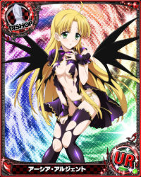 Rule 34 | 1girl, ahoge, artist request, asia argento, bishop (chess), black panties, black thighhighs, blonde hair, blunt bangs, blunt ends, blush, breasts, card (medium), chess piece, cleavage, covered erect nipples, demon wings, feet out of frame, green eyes, heart, high school dxd, long hair, looking at viewer, navel, official art, open mouth, panties, short sleeves, simple background, small breasts, solo, standing, stomach, thighhighs, torn clothes, underwear, wings