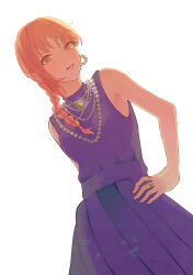Rule 34 | 1girl, absurdres, backlighting, bead necklace, beads, braid, breasts, chainsaw man, commentary request, dress, dutch angle, earrings, gurukousu, hair over shoulder, highres, jewelry, makima (chainsaw man), medium breasts, necklace, orange eyes, orange hair, pleated dress, purple dress, ring, single braid, solo