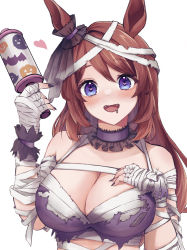 Rule 34 | 1girl, animal ears, bandaged hand, bandaged head, bandages, bare shoulders, black nails, blue eyes, blush, bow, breasts, brown hair, choker, cleavage, drooling, fangs, frills, hair between eyes, halloween costume, hand on own chest, hand up, heart, heart-shaped pupils, highres, holding, holding rattle, horse ears, large breasts, long hair, looking at viewer, mummy costume, nail polish, official alternate costume, open mouth, rattle, ribbon choker, sidelocks, simple background, solo, super creek (chiffon ribbon mummy) (umamusume), super creek (umamusume), symbol-shaped pupils, torn clothes, toy, umamusume, upper body, white background, yamaro emo pvc