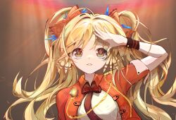 Rule 34 | 1girl, absurdres, arknights, arm up, blonde hair, bow, bowtie, commentary request, hair bow, highres, jacket, kelinke click, long hair, official alternate costume, orange bow, orange jacket, pinecone (arknights), pinecone (sing a song) (arknights), shirt, solo, twintails, upper body, very long hair, white shirt, wrist cuffs