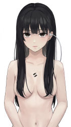 Rule 34 | 1girl, absurdres, black eyes, black hair, breasts, cellphone, convenient censoring, hair censor, hair over breasts, highres, looking at viewer, medium breasts, mole, mole under mouth, nude, original, phone, simple background, smartphone, solo, standing, sugai (4ugaii), white background
